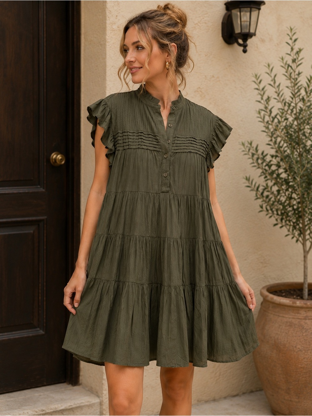 Tiered Mini Dress in Olive with Pintuck Yoke